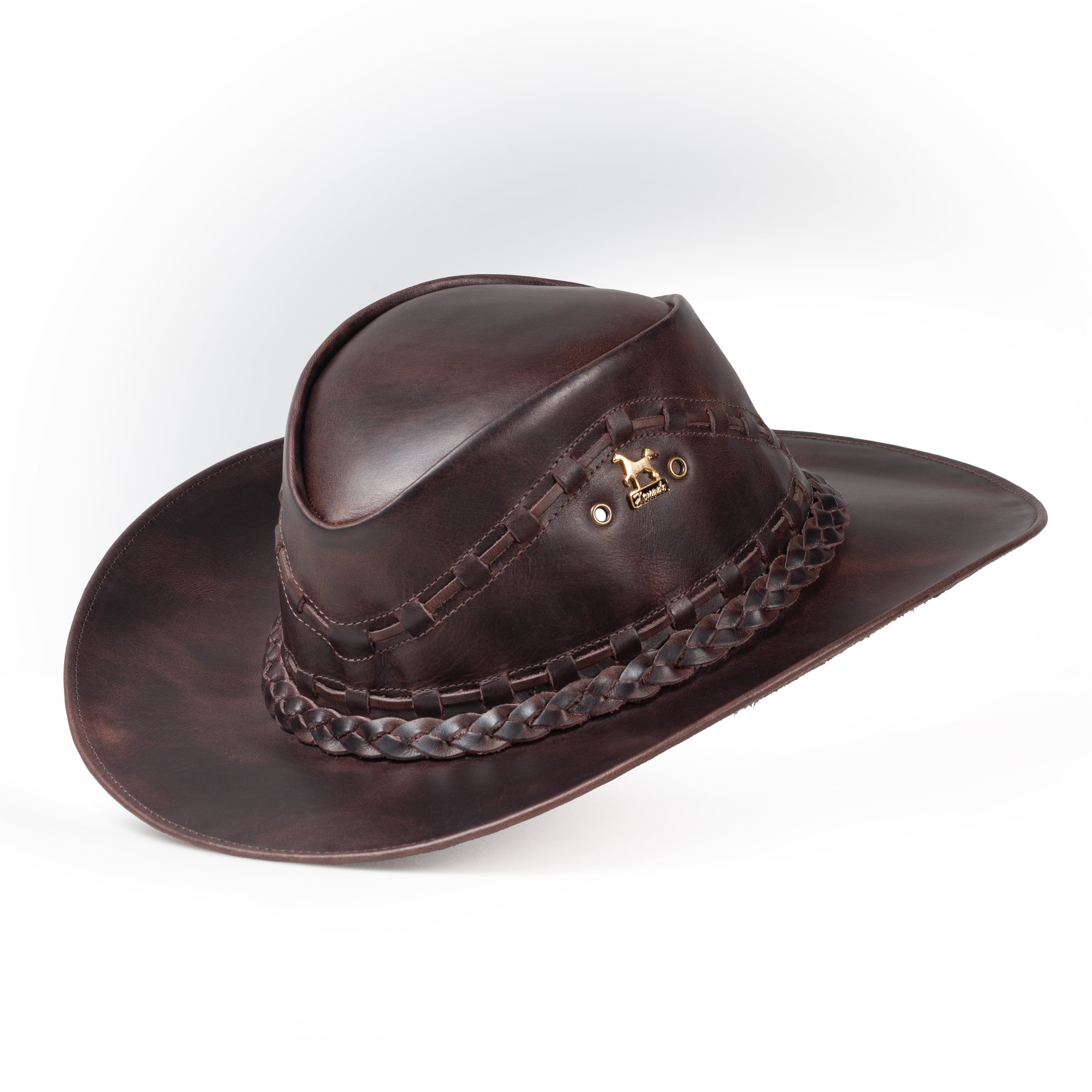 Brunello's Western Leather Hat in Tobacco Fossil Large